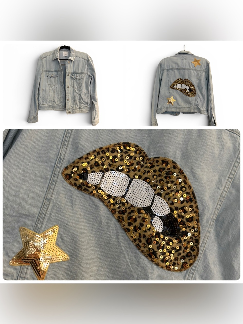 American Eagle Outfitters Light Custom Denim Jacket with Gold Sequin Lip Patch M